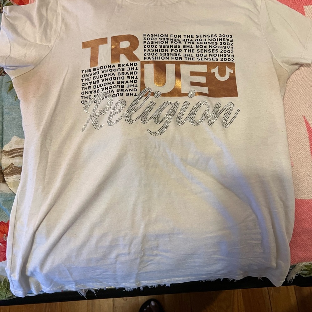 True Religion White and Brown Short Sleeve Tee